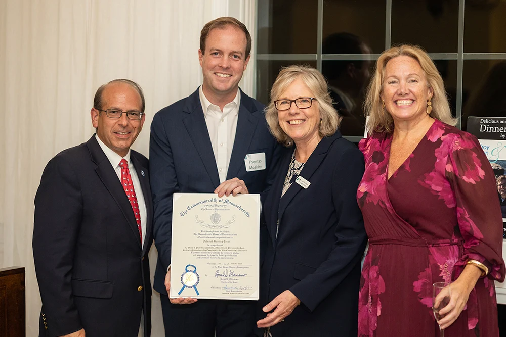 (From left to right) State Representative David Vieira, State Representative Thomas Moakley, FHT Executive Director Laura Moynihan, FHT Chief Development Officer Kate Ayson